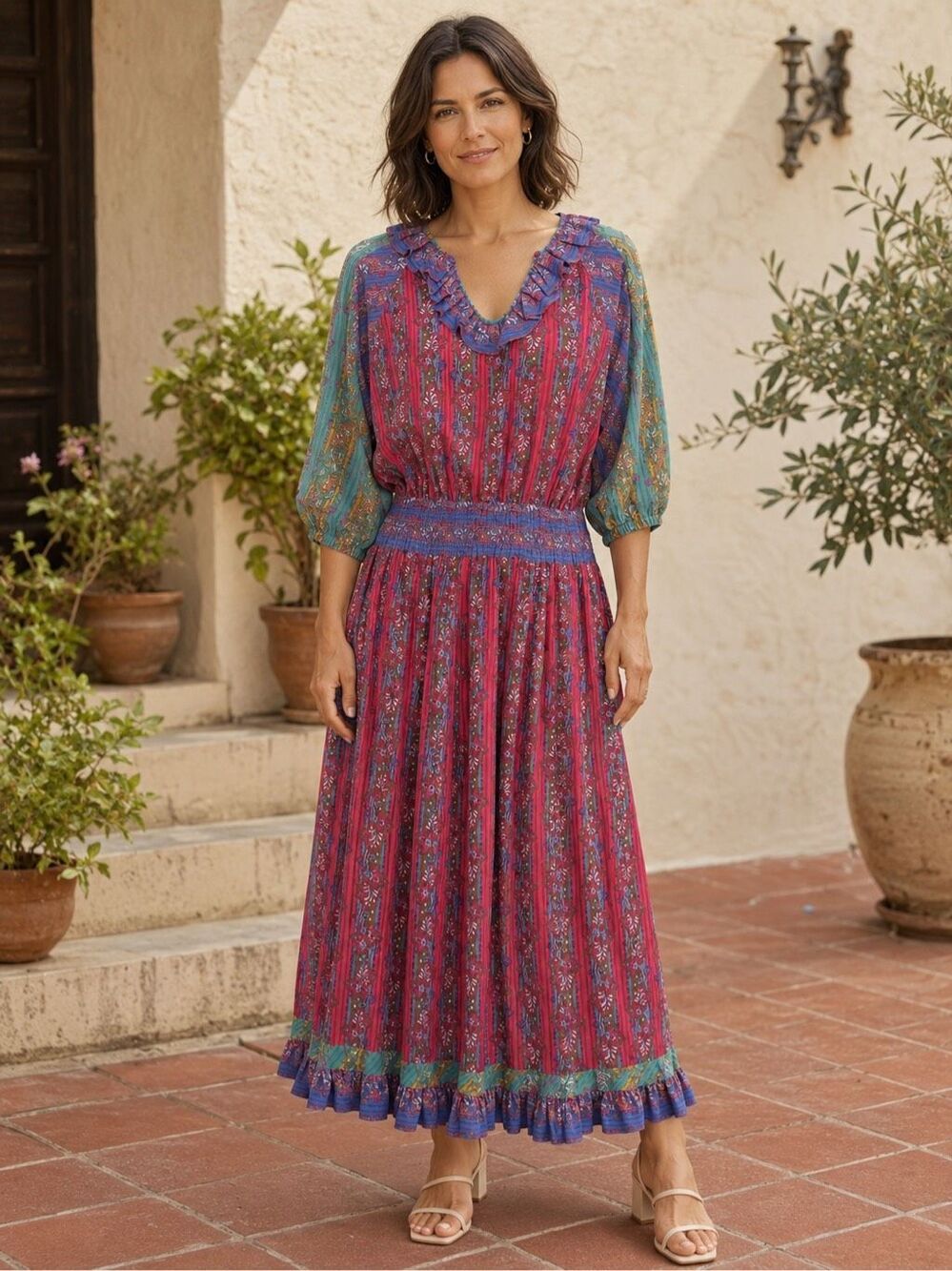 Vintage Diane Freis Georgette Paisley Ruffle Maxi Dress One Size